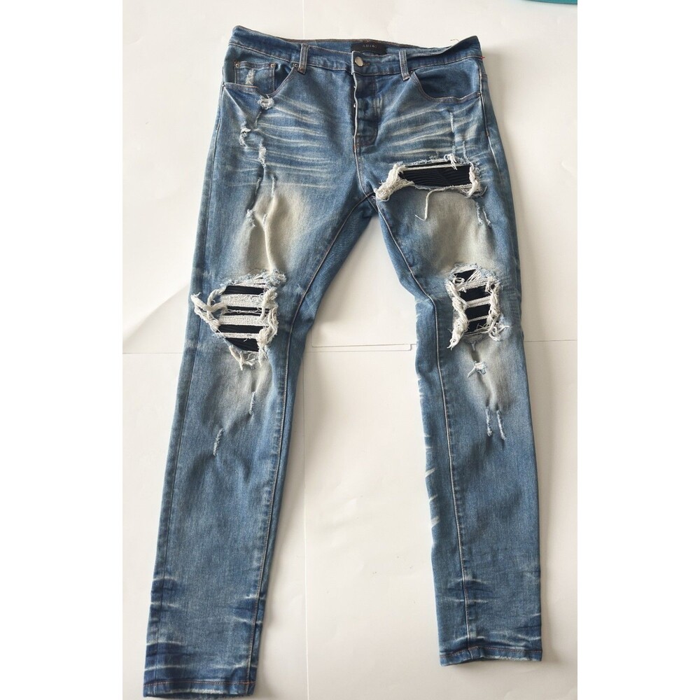 Amiri Men's Distressed Leather Knee MX1 Jeans, Blue, Size 34